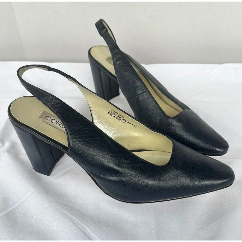 Corsina Navy Blue Leather Slingback Block Heel Pumps size 11M